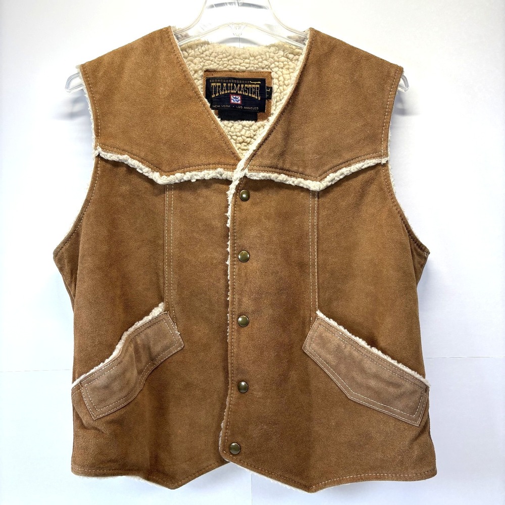 VTG Leather Vest TRAILMASTER 100% Cowhide Fleece Western Cowboy Size Large EUC
